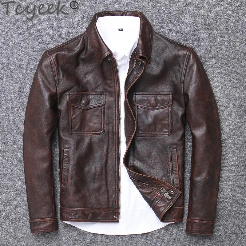 Veste en cuir de vachette véritable pour homme, CombFall, courte, rétro, grill, slim, moto, zones bre, offre spéciale, FCY