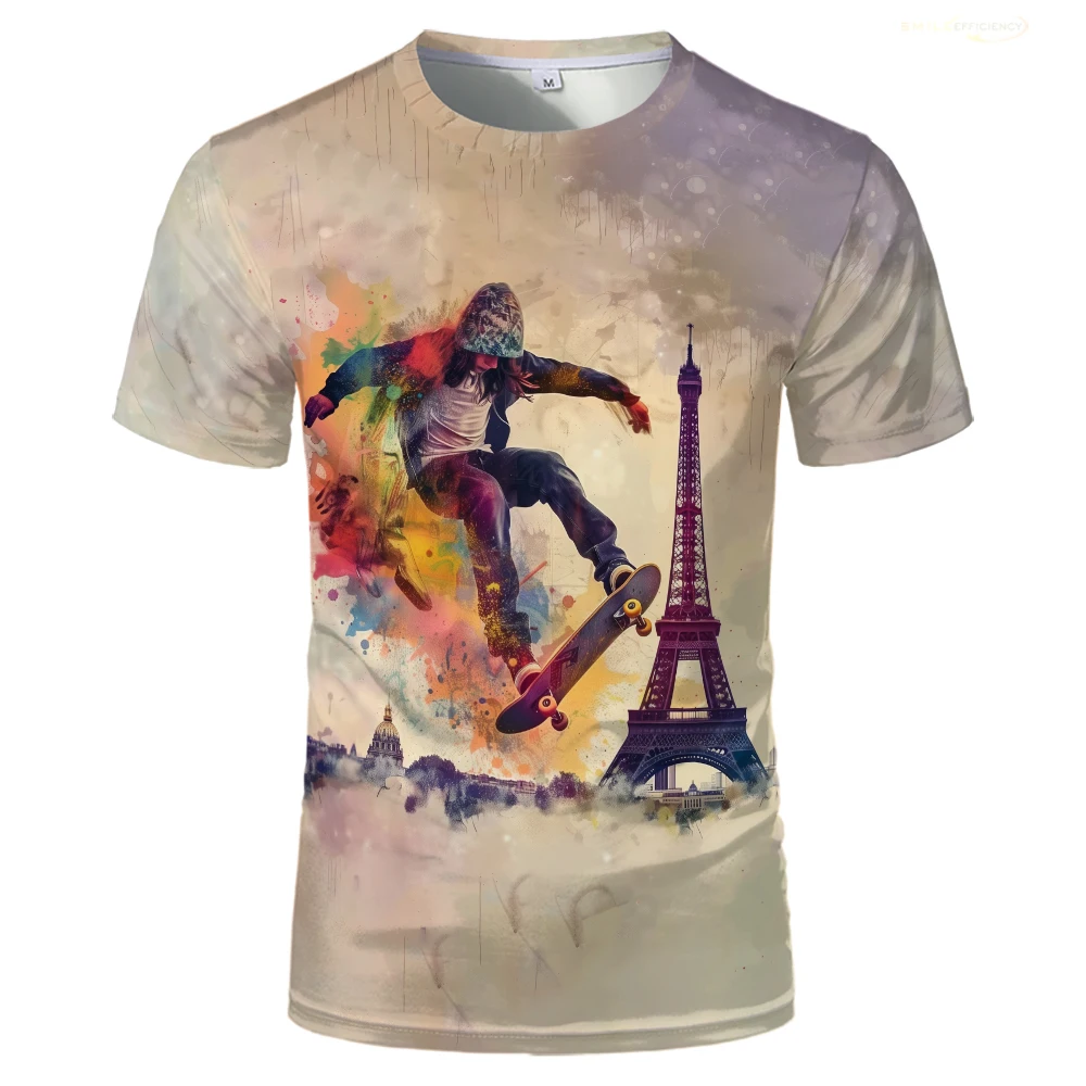 Paris Skateboard Games T Shirt 2024 Summer Sports Meeting Mens T-shirts France Eiffel Tower Printed Casual Breathable Women Tops