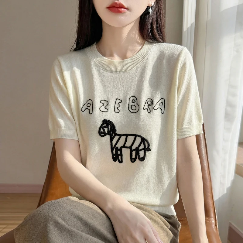 Cartoon wind pony embroidered knitted cashmere short sleeve T-shirt women's round neck half sleeve bottoming coat