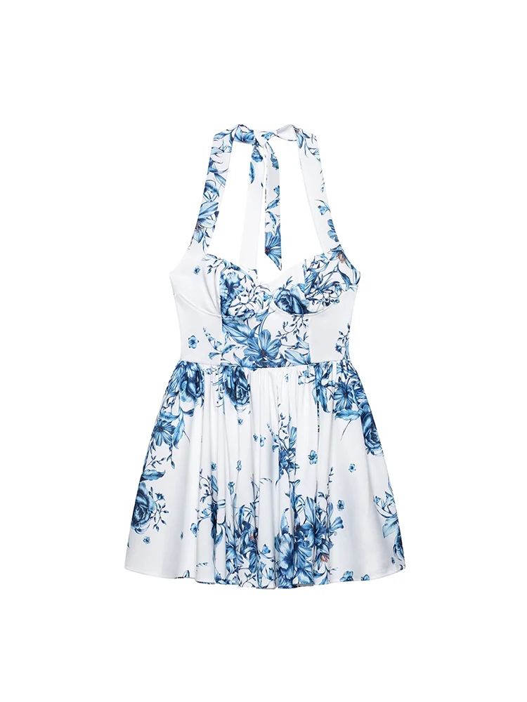 

Vintage Women Flower Print Halter Mini Dress 2025 Fashion Ladies Elegant High Waist Dresses for Party Female Holiday Clothes