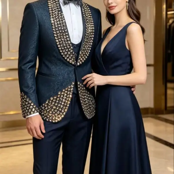 Fashion Green Jacquard Shiny Diamond Men Suits Customized Slim Fit Shawl Lapel Groom Wedding Tuxedos 2 Pieces Sets Male Blazers
