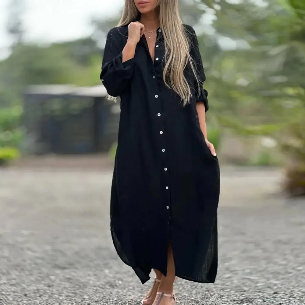 면 린넨 셔츠 드레스 여성 롱 라펠 셔츠 드레스 셔츠 타입 턴다운 칼라 루즈 맥시 드레스 여름 비치 파티 드레스