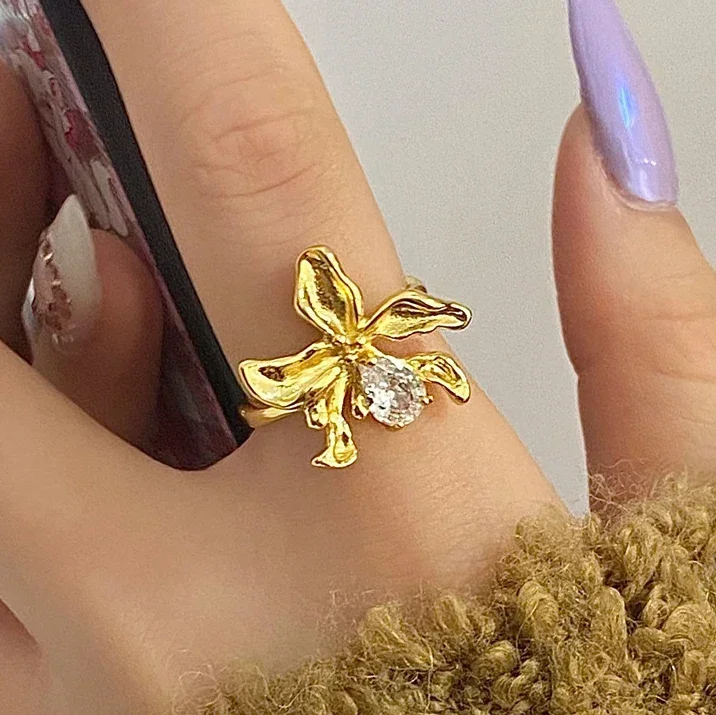 Anelli di apertura del fiore del zircone dell'argento sterlina 925 reale per le donne Accessori di personalità minimalista dei gioielli raffinati della pianta alla moda