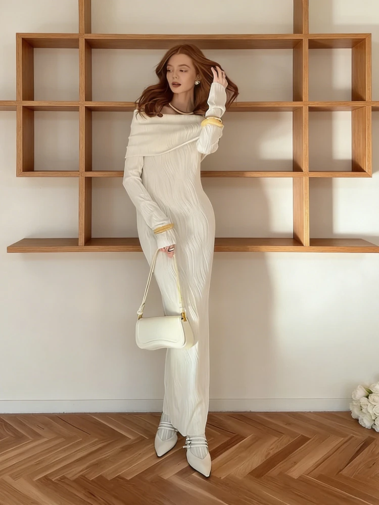 

Tsiisd Elegance Knitwear Off-Shoulder Maxi Dress Female Solid Slim Ribbed High-Waist Inclined Shoulder Party Dress Female Dress