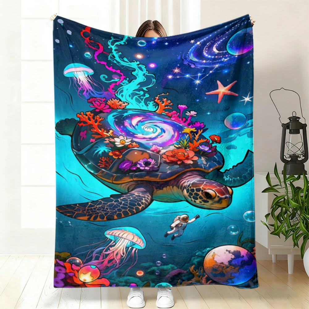 Cosmic Sea Turtle Jellyfish Space Print Throw Blanket soft bedroom sofa Blanket leisure lounge outdoor balcony Birthday gifts