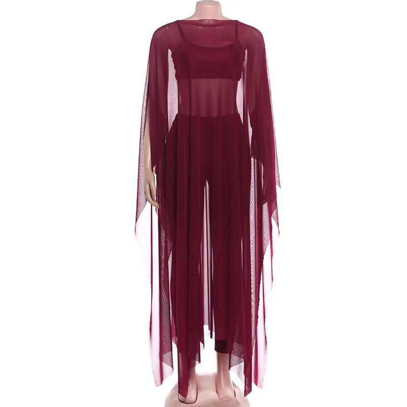 ファッション3点セット レディース キャミソール クロップトップス + シースルーメッシュロングショール + ペンシルパンツ カジュアル ストリートウェア スーツ パーティー衣装