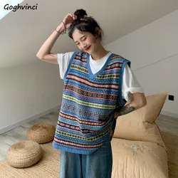 Striped Knitted Sweater Vest Women Vintage V-neck Loose Korean Simple All-match Fashion Female Harajuku Leisure Street-wear Chic