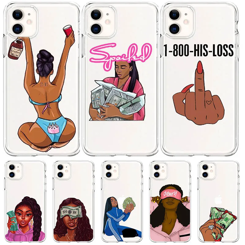 

MAKE MONEY Cash Black head Sweet Spoiled Girl Fundas phone case for iPhone 11 12 13 14 15 16 Pro Mini Max 16 Plus Clear TPU Case