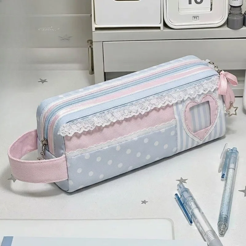 Pink Blue Polka Dot Heart Handheld Pencil Bag Ins Large Capacity Stationery Pouch Storage Bag Cosmetic Bag for Students