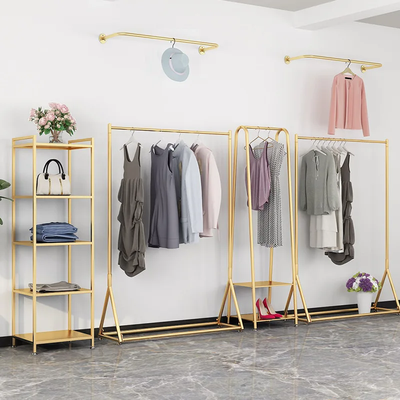 

Simple gold clothing store display rack Floor-to-ceiling hanger Men's and women's clothing store clothes rack Bag display
