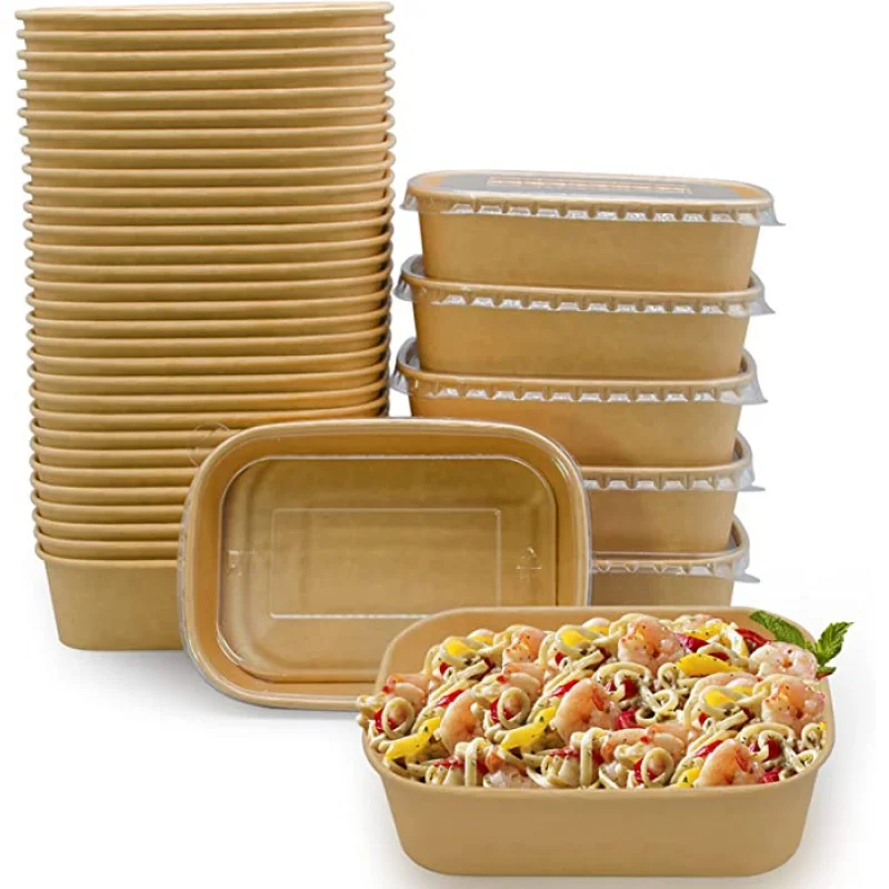 Customized product500ml 650ml 750ml 1000ml Disposable Rectangle Food containers Soup Bowls Kraft paper bowls with lids