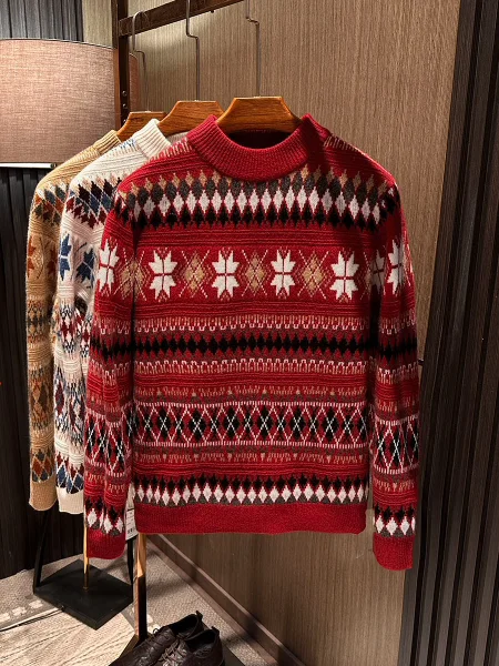 

Новогодний свитер из 100% шерсти для мужчин: высококачественный, круглый вырез, ретро-дизайн, вязаный, зимний, модный, повседневный, теплый, толстый, длинный рукав