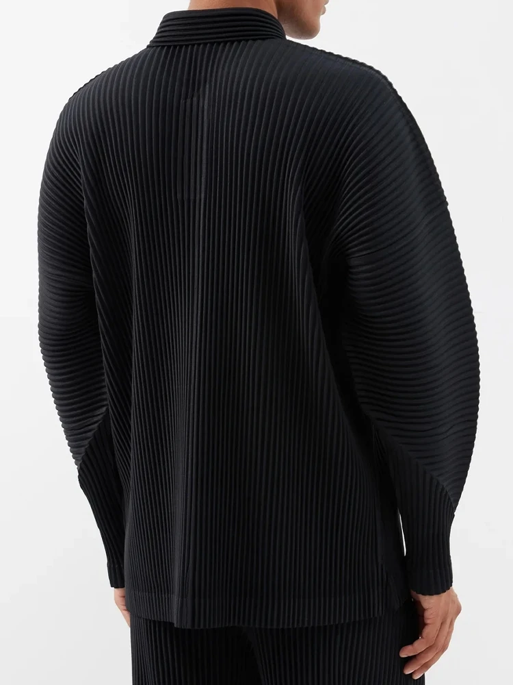 Miyake Pleated Men Polo Shirt Long-sleeved Lapel T Shirt Full Sleeves Breathable Casual