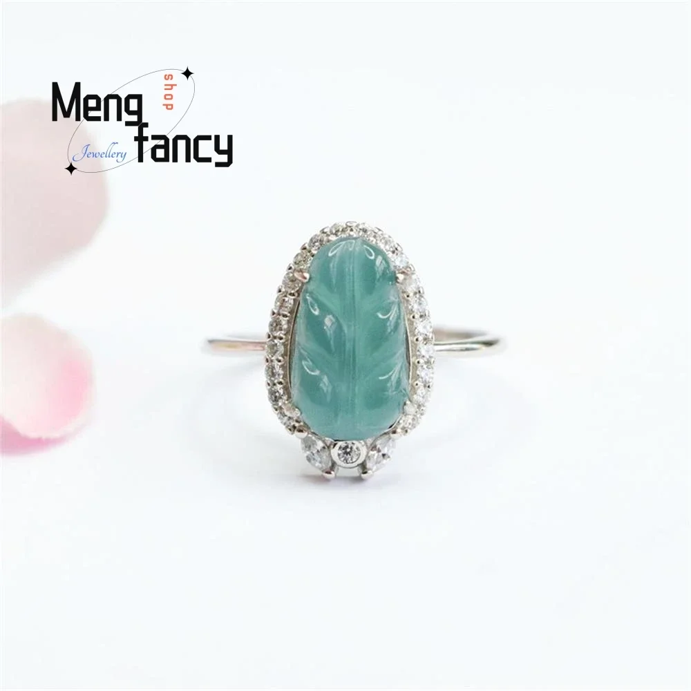 S925 Silver Lnlaid Natural Jadeite Exquisite Elegant Simple High-grade Ring Blue Water Leaf Ring Couple Luxury Quality Jewelry