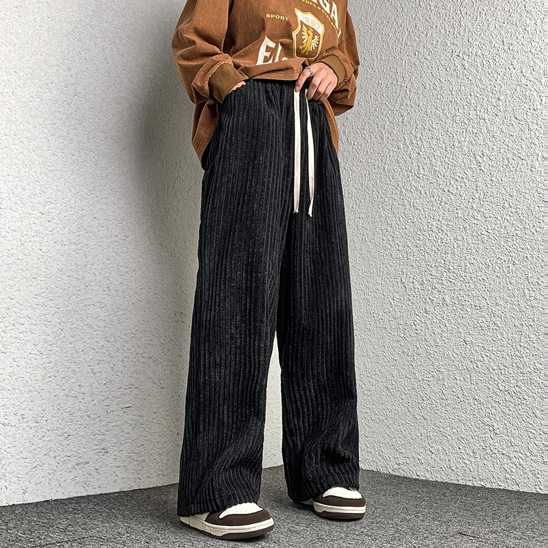 Corduroy Pants Men\'s Straight Pants Solid Color Drawstring Unisex Wide Leg Oversized Trousers Casual Japanese Style Male Pants