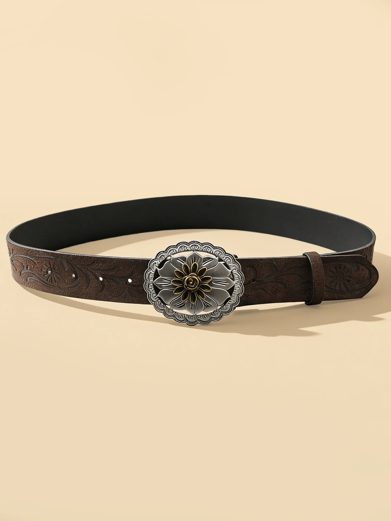 Vintage Flower Metal Buckle Belt Brown Black Embossed Women's Fashion Waistband Retro Decorative Belt