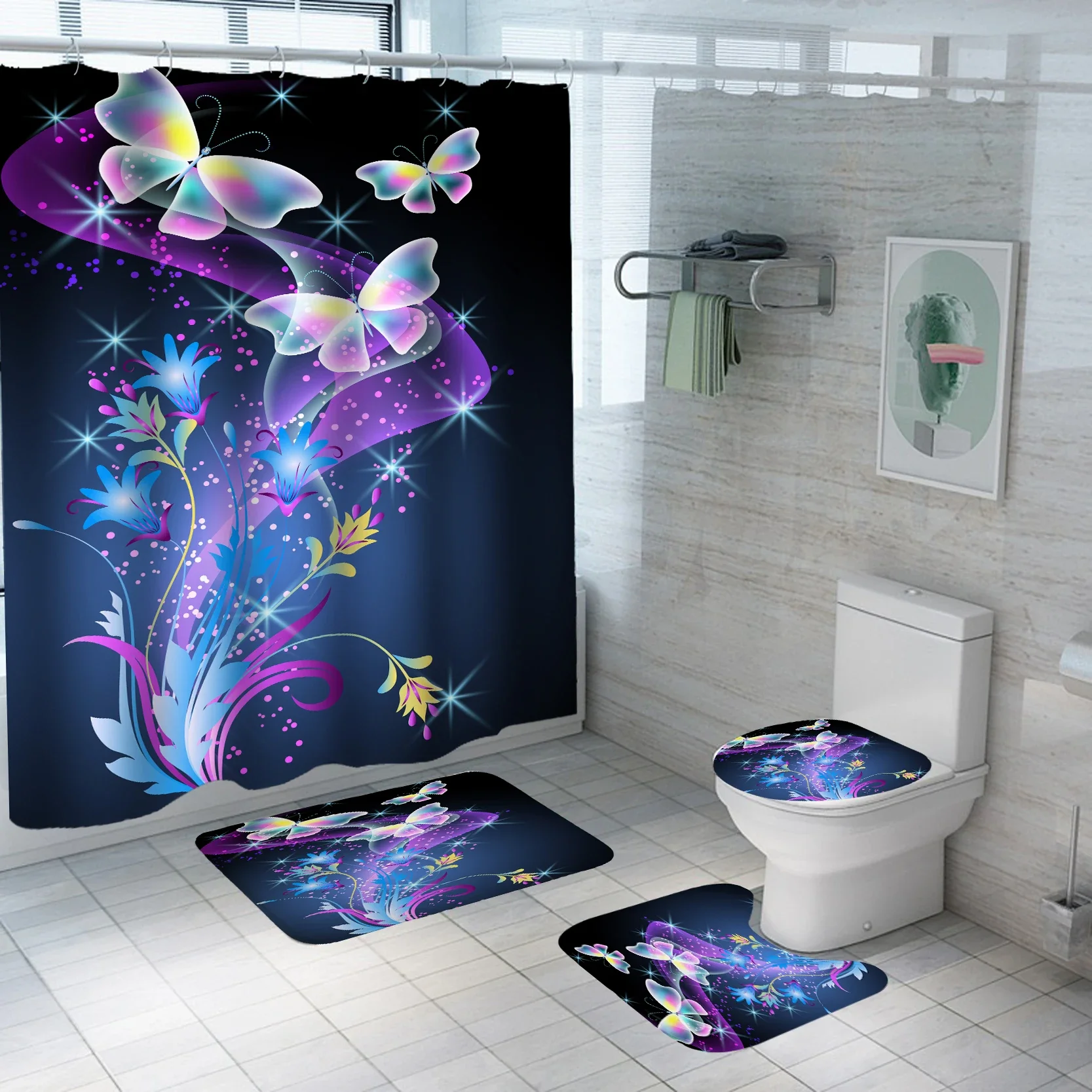 Colorful Butterfly Shower Curtain Set Waterproof Bathroom   Anti-slip Bath Mat  Toilet Rugs Carpet Home Decor