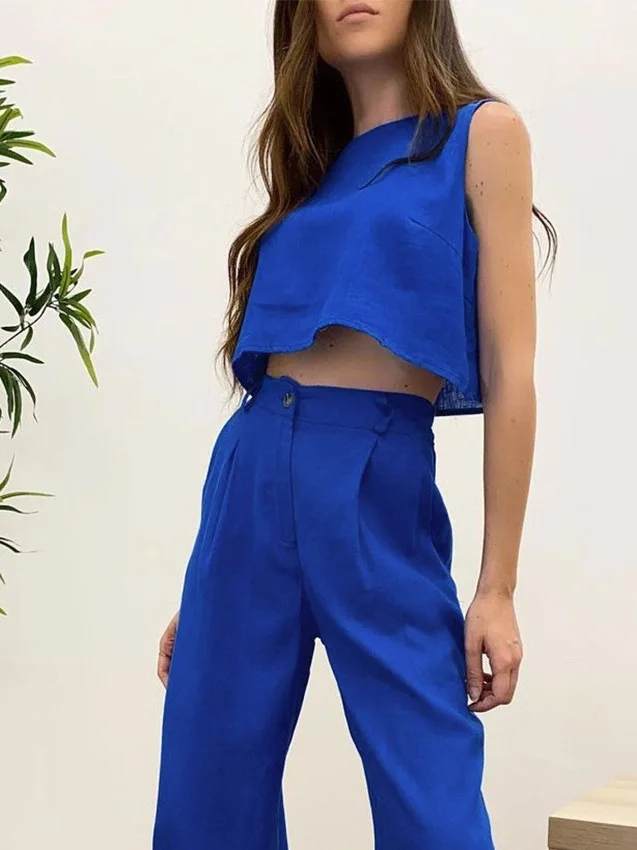 

Женский комплект с широкими брюками и укороченным топом, повседневная спортивная одежда, костюм из двух предметов, длинные брюки из полиэстера, летняя коллекция