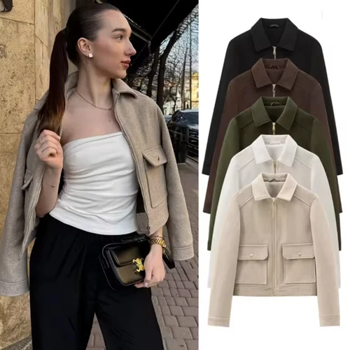 Imagen 1 del producto Chaqueta con cremallera para mujer, abrigo nuevo de invierno de manga larga con bolsillo, abrigo, chaqueta corta elegante de calle para mujer