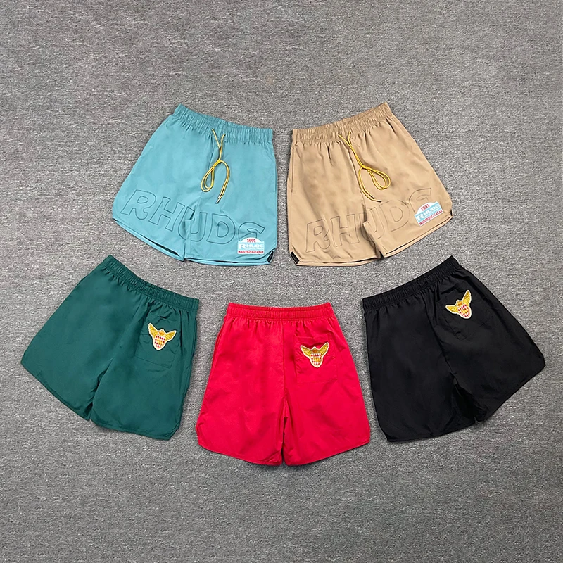 New Arrival RHUDE Unisex Casual Shorts Large Outline Letter Print Patch Label Drawstring Elastic Waist Street Short Pants
