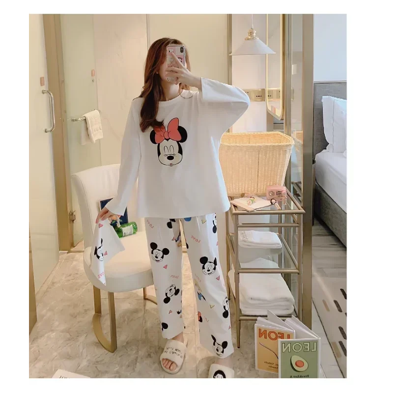 Pijamas de seda de Mickey Mouse de Disney para mujer, conjunto de pijama holgado de algodón de manga larga para otoño, cómodo con dibujos animados