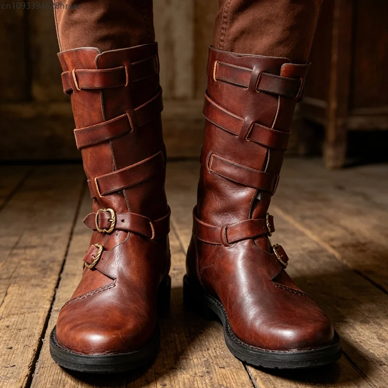 Vintage Multi Buckle Leather Mid Calf Boots Men Gothic Medieval Combat Motorcycle Riding Boots Cosplay Round Toe Low Heel Shoes