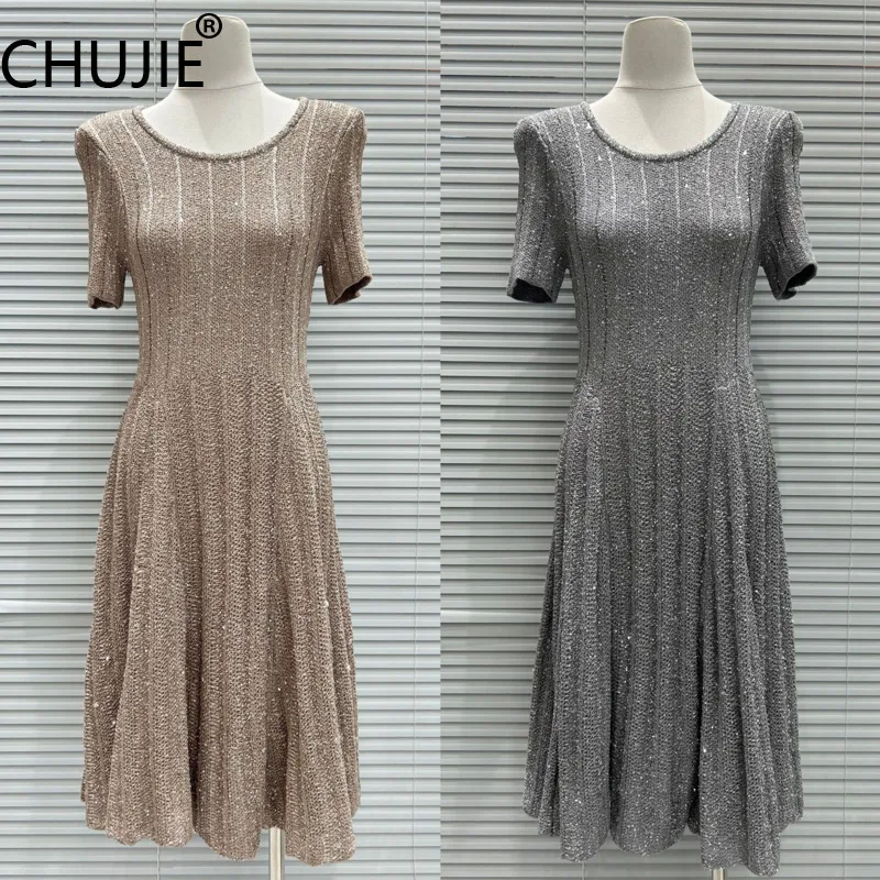 CHUJIE 2025 Vestido de malha da moda verão – Vestido elegante slim fit de manga curta com gola redonda e enfeite de lantejoulas