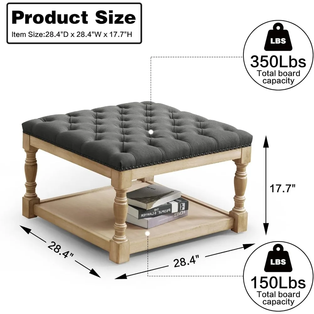 Large Square Footstool with Solid Wood Legs, Tufted Upholstered Design, Hassle-Free Assembly and Care, Stools & Ottomans