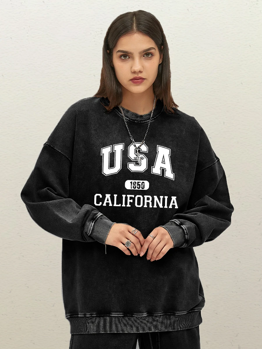 Usa 1850 California Print Women Washed Sweatshirt Oversized Casual Pullover Cotton All-Match Streetwear Warm Hip Hop Clothes