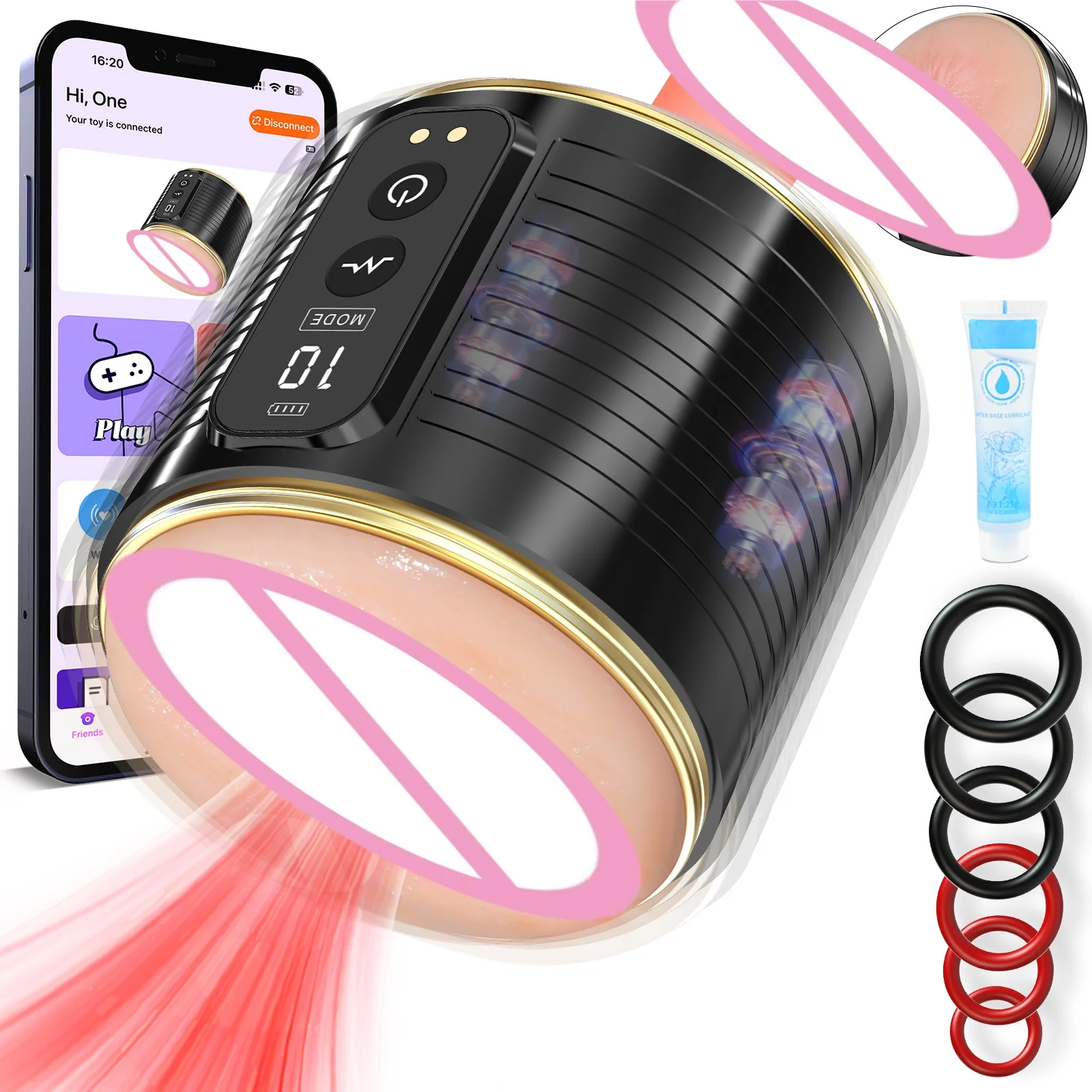 Open-Ended Automatic Male Masturbator with 10 Thrusting 10 Sucking and 10 Vibration Modes App Control Hands-Free Pocket Pussy 3D Textured Silicone Stroker with Rings and Lubricant