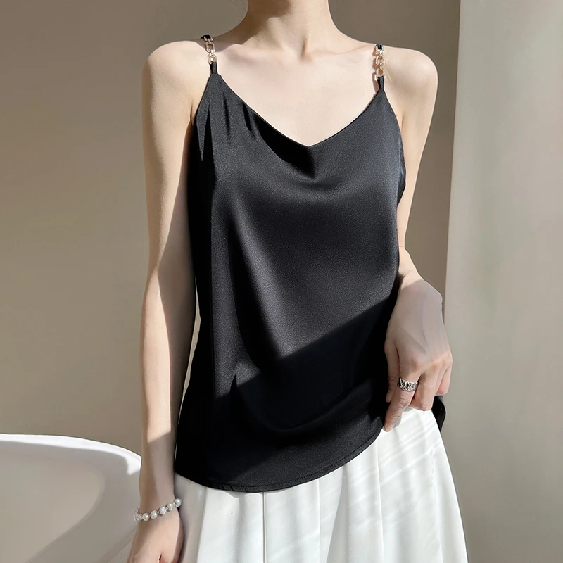 

Весенние и летние топы, рубашки из шелкового атласа, женские жилеты, шелковый низ на подтяжках, универсальные французские свободные топы без рукавов для женщин