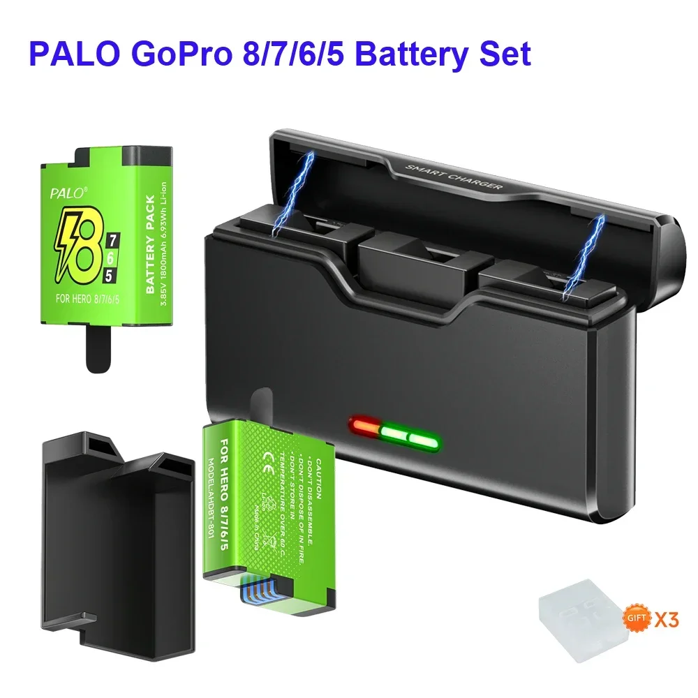 For GoPro 8 7 Hero 6 5 Battery Pack + 3 Slots LED Type C Charging Charger Card Storage Box for Go Pro 8 7 1800mAh Camera Bateria