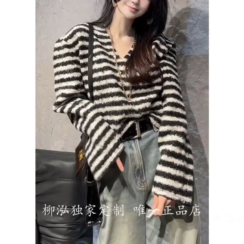 

Gagaok, пуловер из европейской овечьей шерсти с v-образным вырезом, ленивый стиль, свитер, осень-зима 2022, новый модный вязаный топ в контрастную полоску