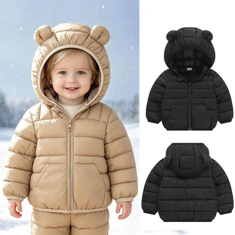 Boys Girls Down Jackets Baby Kids Winter Warm Cotton Coats Children Autumn Hooded Outerwear Kids Casual Solid Color Parka