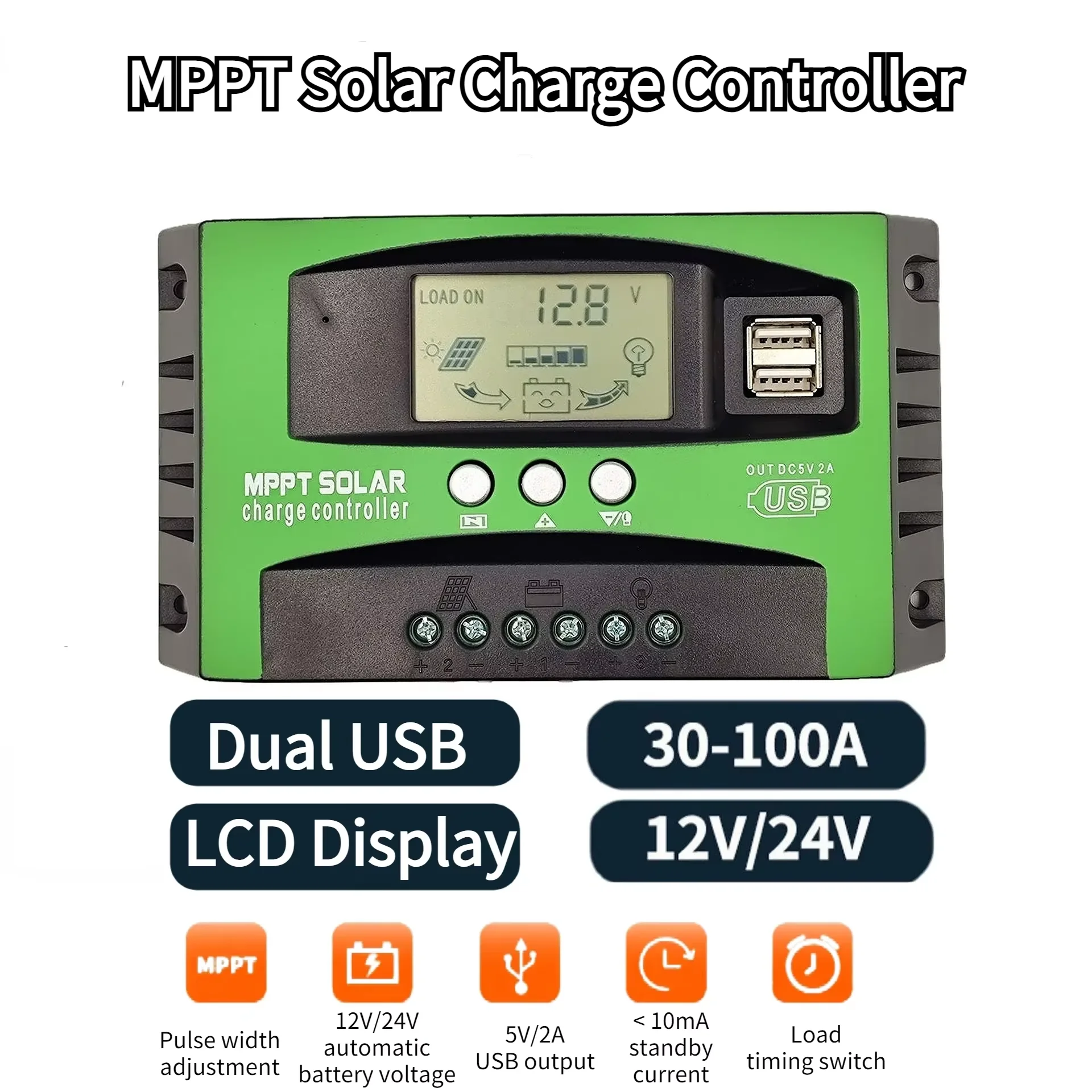 30A-100A Solar Controller MPPT Automatic Focus 12V 24V Adaptive Photovoltaic Panel Charging Controller Dual USB LCD Regulator