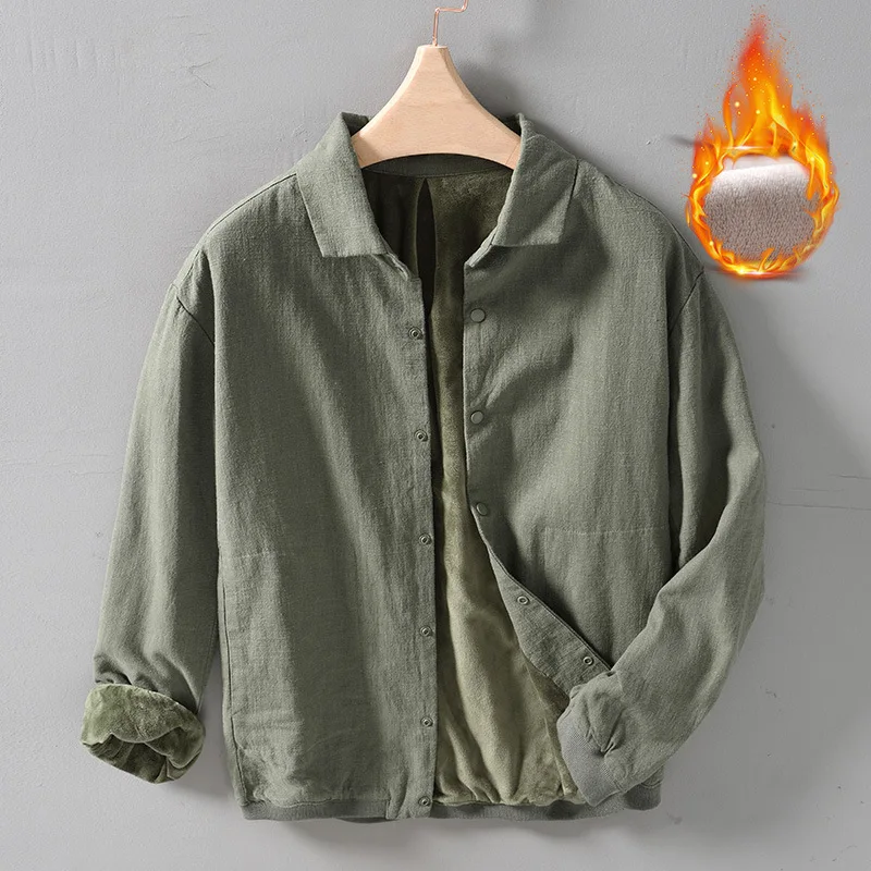 

Осенне-зимняя мужская теплая куртка с ворсом и карманами, повседневная куртка с длинными рукавами, верхняя одежда на пуговицах, простые базовые Топы