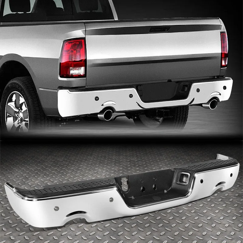 US FOR 09-19 DODGE RAM 1500 CHROME STEEL REAR BUMPER W/ DUAL EXHAUST & SENSOR HOLES