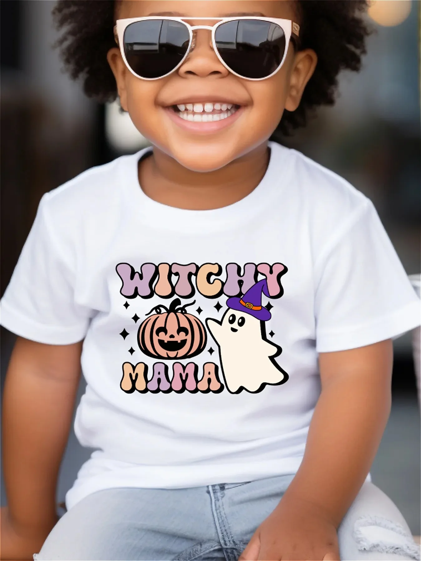 

Halloween boy's T-shirt witchy mama letter print pumpkin pattern print casual and fashionable round neck short sleeved top