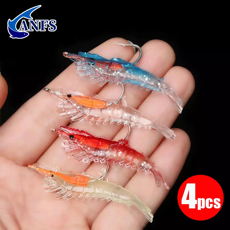 4pcs Realistic Soft Shrimp Fishing Lures Artificial Bait with Sharp Hooks for Freshwater Saltwater