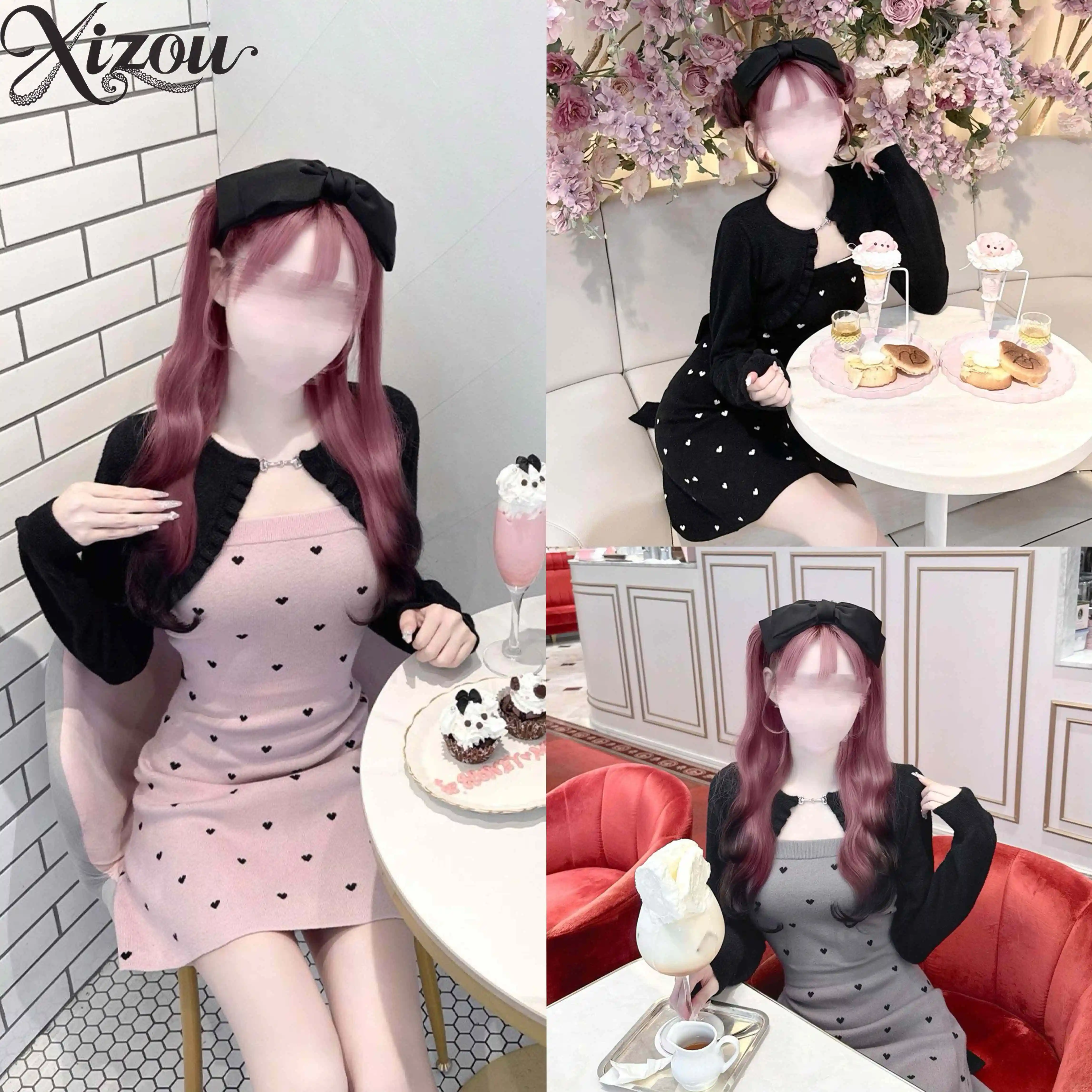 Style japonais décontracté doux coeur imprimé sangle robe courte printemps automne mignon à manches longues robes tricotées pour les femmes