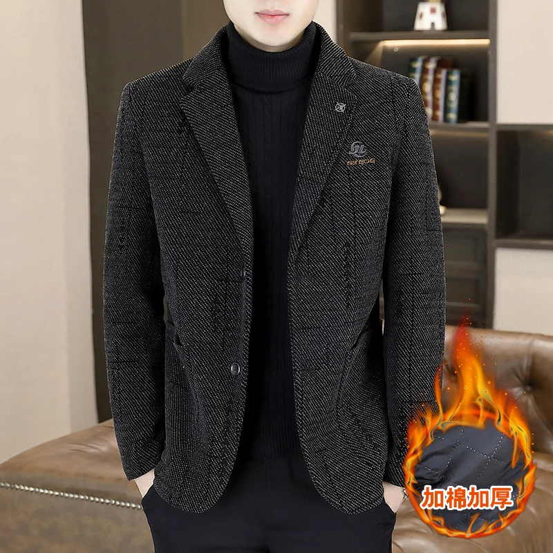 Winter Chenille Add Cotton Suit Jacket Men's Retro Embroidery Casual Business Blazers Thick Warm Coat Social Office Men Clothing