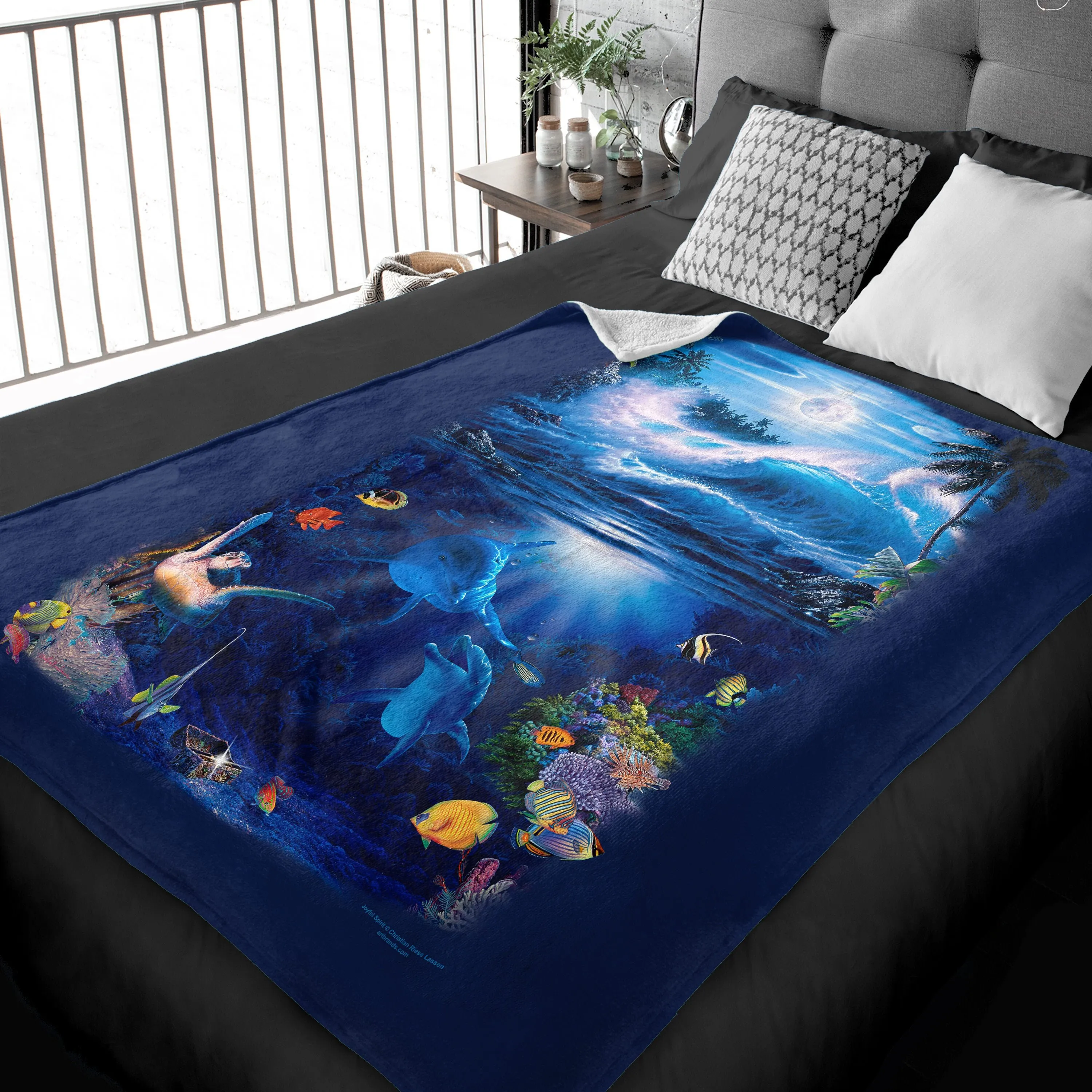 Joyful Spirit Dolphin Blanket, Christian Riese Lassen Art Throw Aquatic Ocean Home Decor Wall Hanging Fabric Poster Wall Art