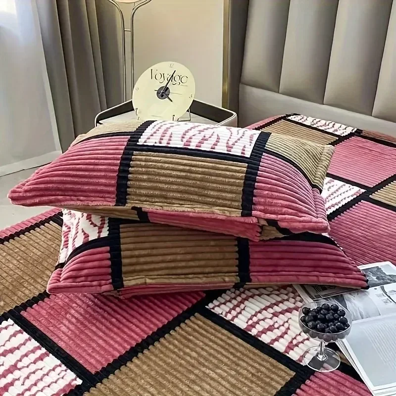 2PC Teal Beige Geometric Plaid Pillowcase Set, Corduroy Textured Pillow Covers, Modern Decorative Bedding, Standard/Queen Size
