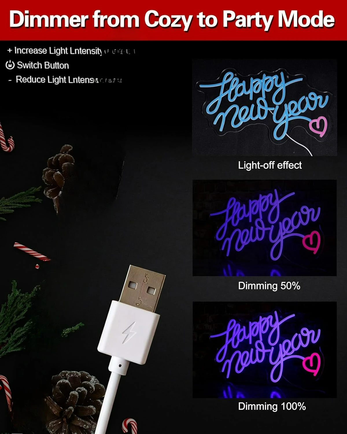 ป้ายไฟนีออนสุขสันต์วันปีใหม่ ป้ายไฟนีออน LED ปรับความสว่างได้ สำหรับตกแต่งผนัง คลับ ปาร์ตี้ ห้องนอน บ้าน โชว์รูม ร้านค้า ของขวัญ