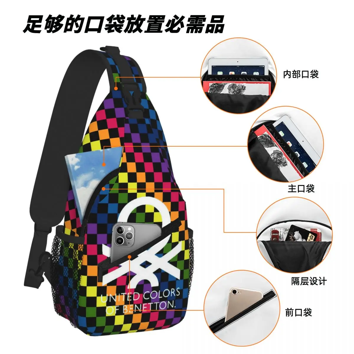 B-Benetton sac de poitrine sac à bandoulière une épaule pour hommes grande capacité loisirs mode petit sac à bandoulière