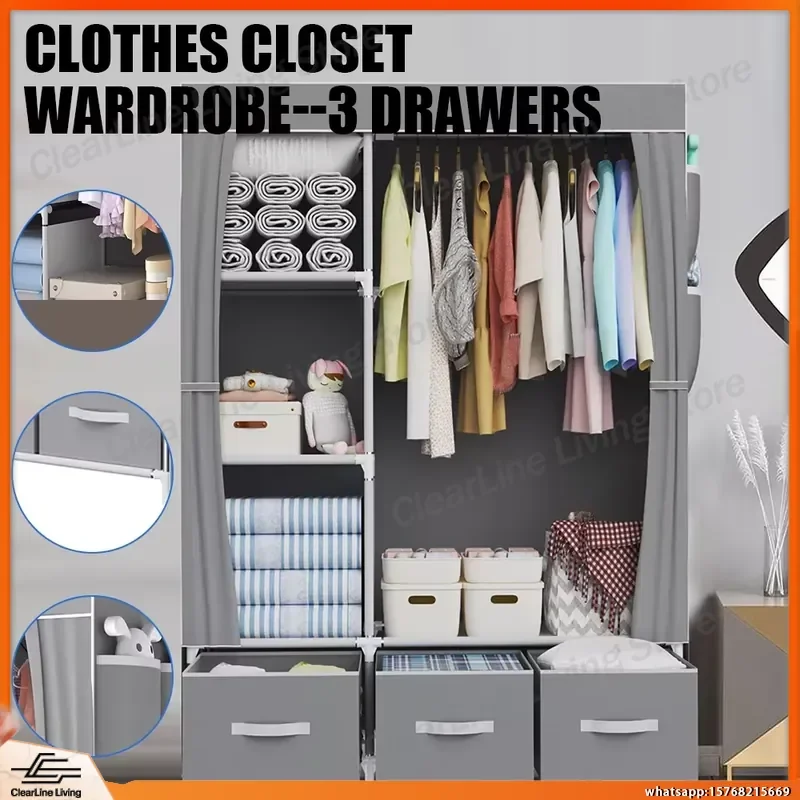 Portable Fabric Wardrobe Closet Organizer Clothes Storage Cupboard for Bedroom Living Room Home 105x45x163cm Canvas Closet