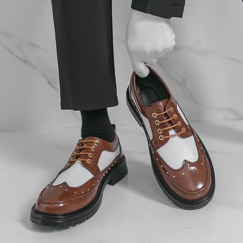 

Fashionable New Men's Comfortable Height Increasing Groom's Wedding Shoes Brand Luxury Men Rivet Tied Thick Soled Leather Shoes