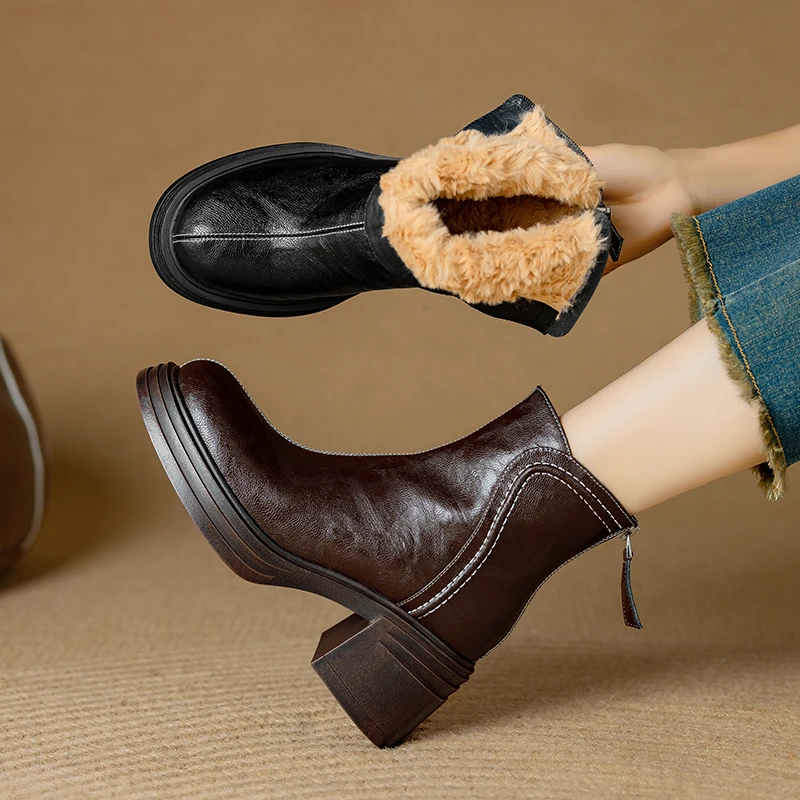 

2024 New Winter Women Boots Round Toe Chunky Heel Split Leather Shoes for Women Zip Ankle Boots Warm Snow Boots Platform Shoes