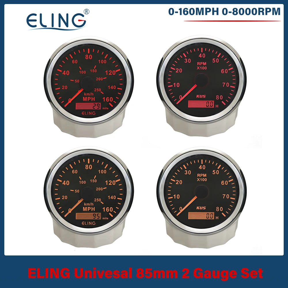 

ELIN85mm (3 3/8'') Speedometer GPS 160MPH Odometer Tachometer 8000RPM for Truck RV Auto Red Yellow Backlights 12V 24V