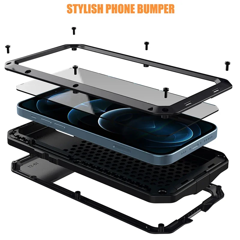 

Водонепроницаемый сверхпрочный металлический чехол IP54 для iPhone 17 Air 17 Pro 17 16 15 Pro Max14 Plus 13 12 Mini 11 со стеклянной крышкой Gorilla Glass Cover